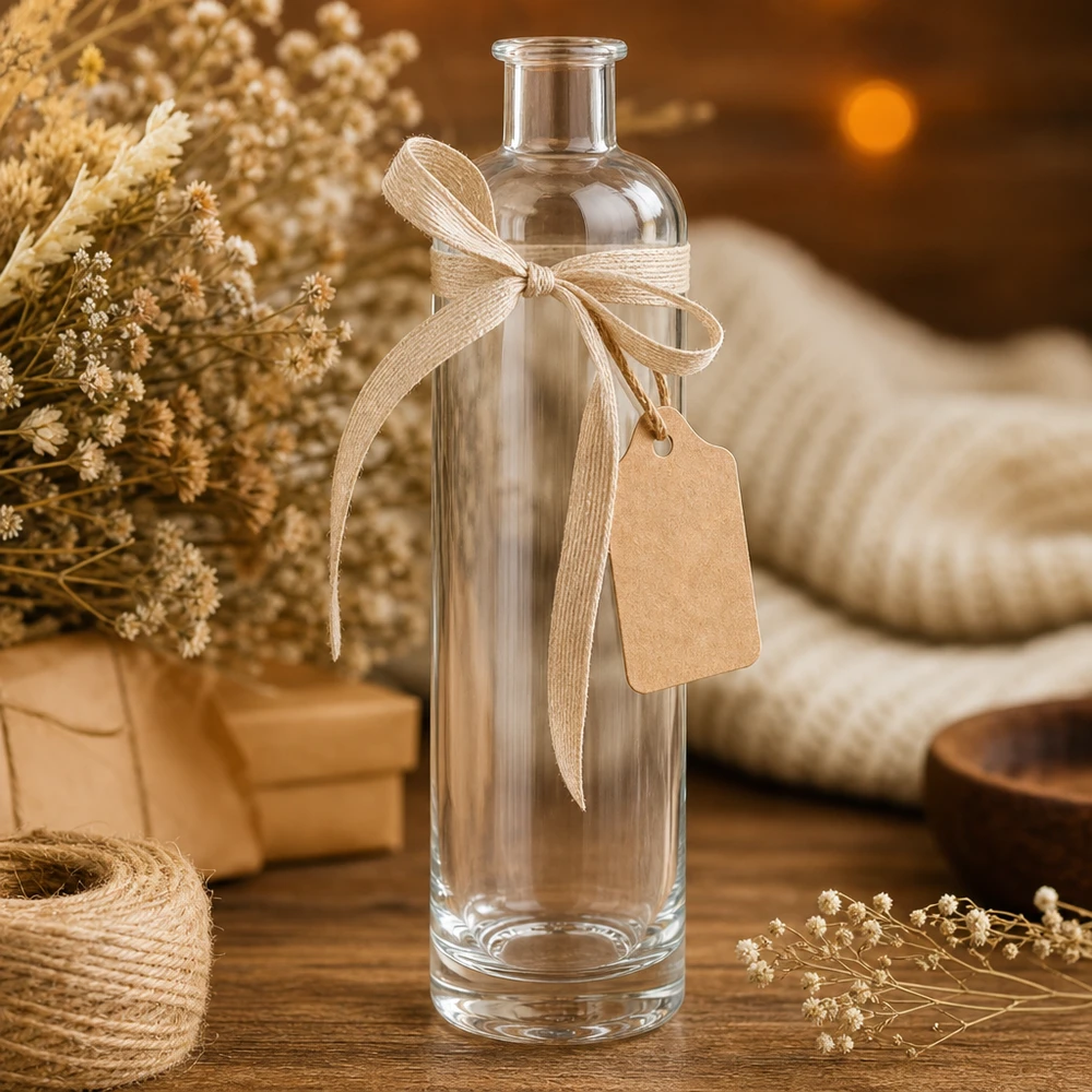 500 ml glasflaska Ella UNiTWIST som presentförpackning dekorerad med rosett och hänge rustik dekoration