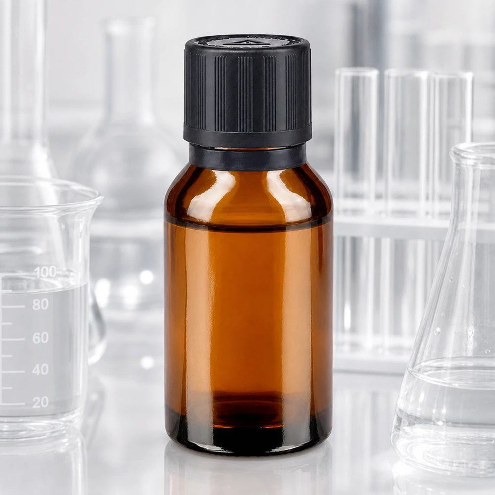 Apoteksflaska i brunt glas, 15 ml, med 1 mm droppkork och svart barnsäkerhetslock