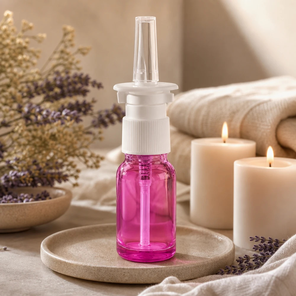 10ml nässprayflaska vit/transparent standard PurpleLine. UT18/10 10 ml nässprayflaska med STD-skruvgänga UT18/10 i Purple Light för exakt dosering