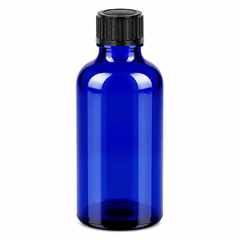 50 ml flaska 11mm skruvkork svart med säkerhetsförslutning BlueLine UT18/50 50 ml blå glasflaska med svart skruvlock för kosmetika och läkemedel