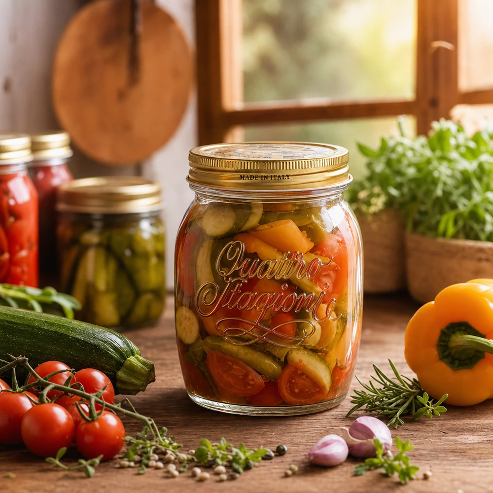 Quattro Stagioni 700 ml konserveringsburk med inlagda grönsaker omgiven av färska ingredienser på ett rustikt träbord