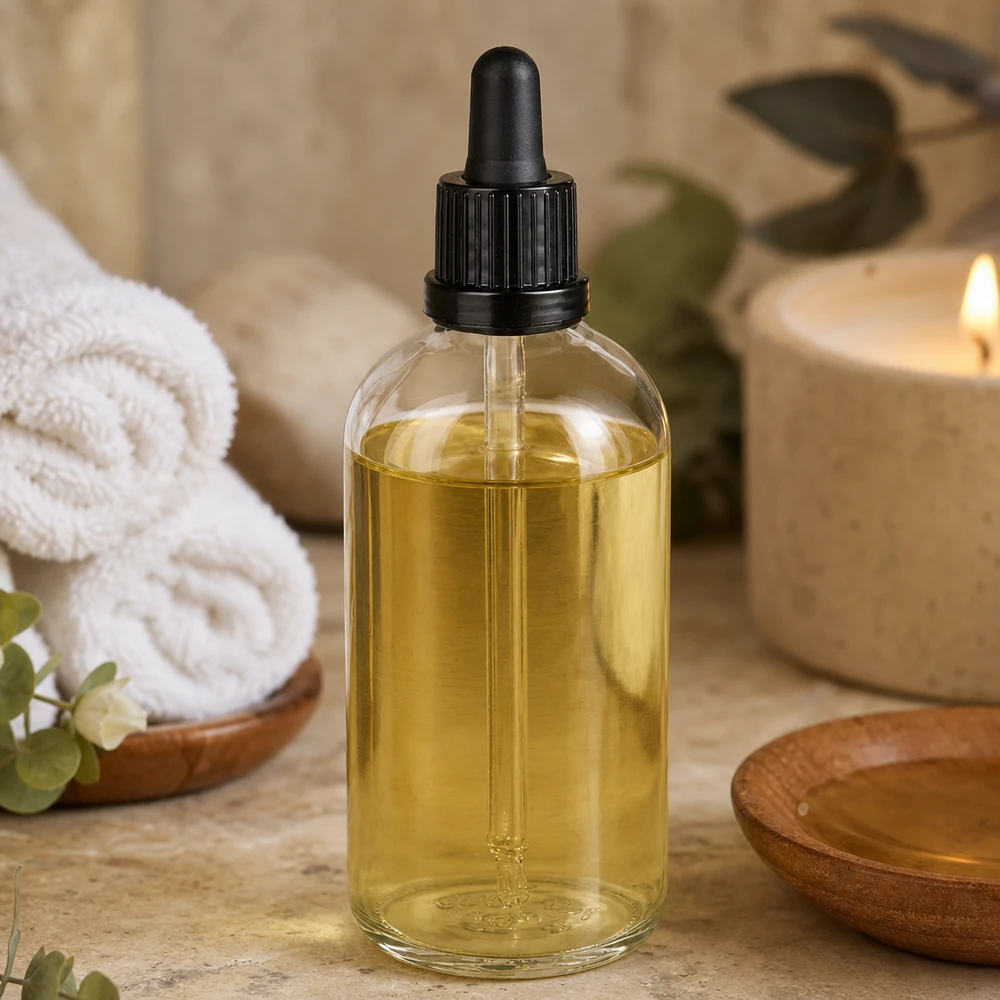 Guldfärgad vårdande olja i en 100 ml pipettflaska av klart glas, ClearLine UT18 Spa Ambiente