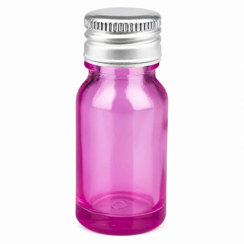 10 ml glasflaska i lila med silverskruvlock i aluminium för eteriska oljor