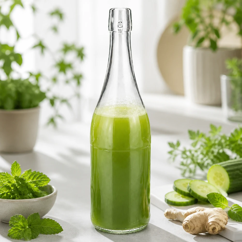 750 ml UNiTWIST-glasflaska fylld med grön smoothie mellan färska örter gurka ingefära hälsosam näring