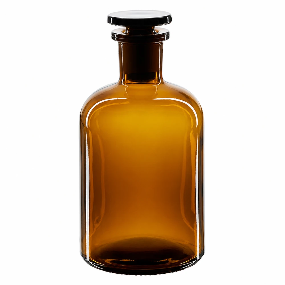 Brun rundskuldrad flaska på 250 ml med glaspropp och smal hals, tillverkad av högkvalitativt laboratorieglas
