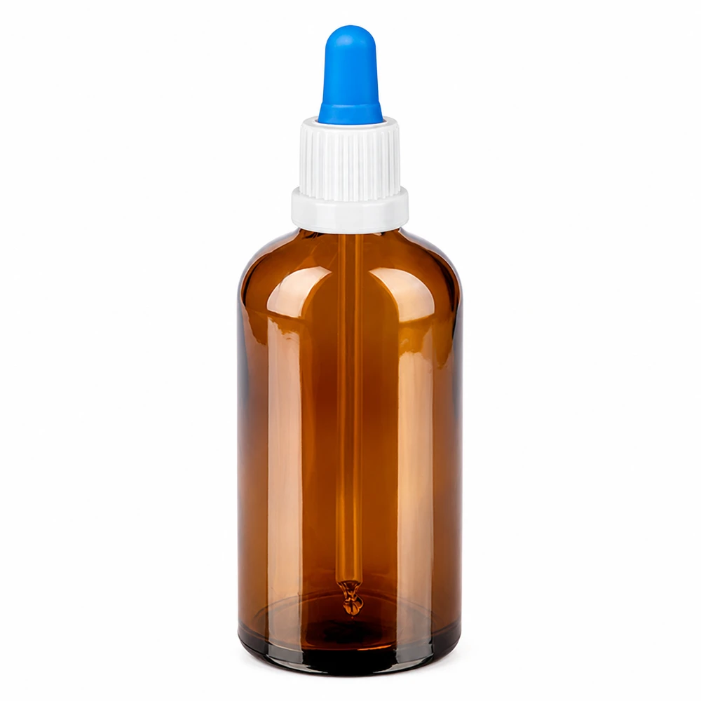100 ml pipettflaska i bärnstensfärgat glas med vitt lock och blå pipett för exakt dosering