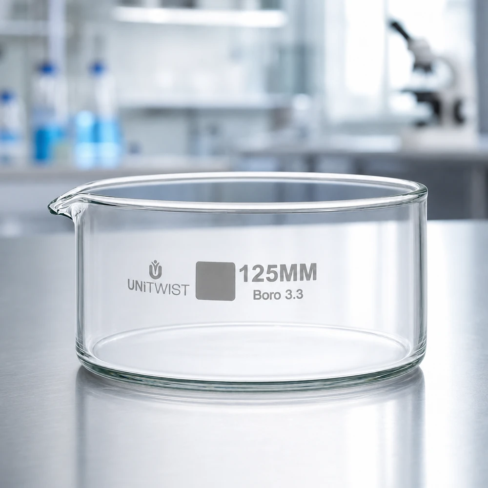 Kristallisationskärl ø125 mm, borosilikatglas UNiTWIST Kristalliseringsskål, diameter 125 mm, UNiTWIST, borosilikatglas Boro 3.3, tom, på ett bord av rostfritt stål i laboratoriet