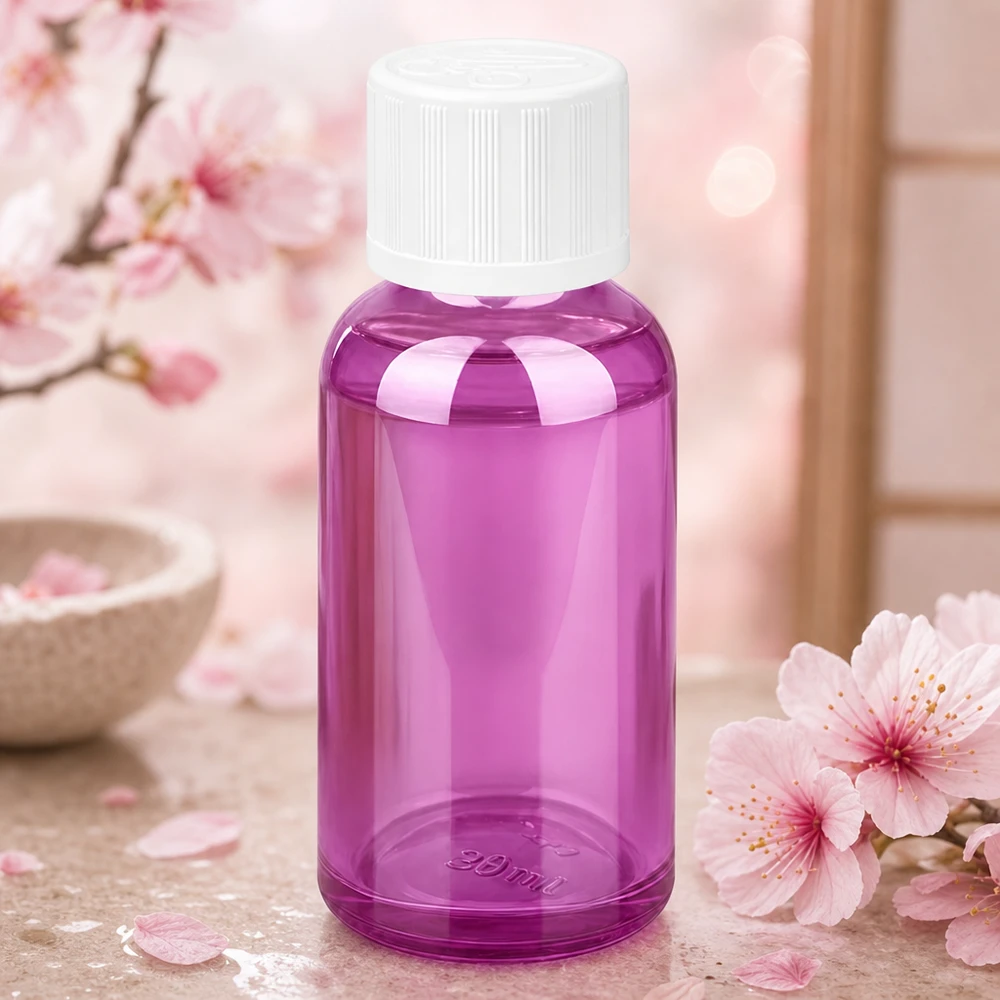 Lila glasflaska 30 ml med barnsäkert lock - perfekt för säker förvaring av vätskor