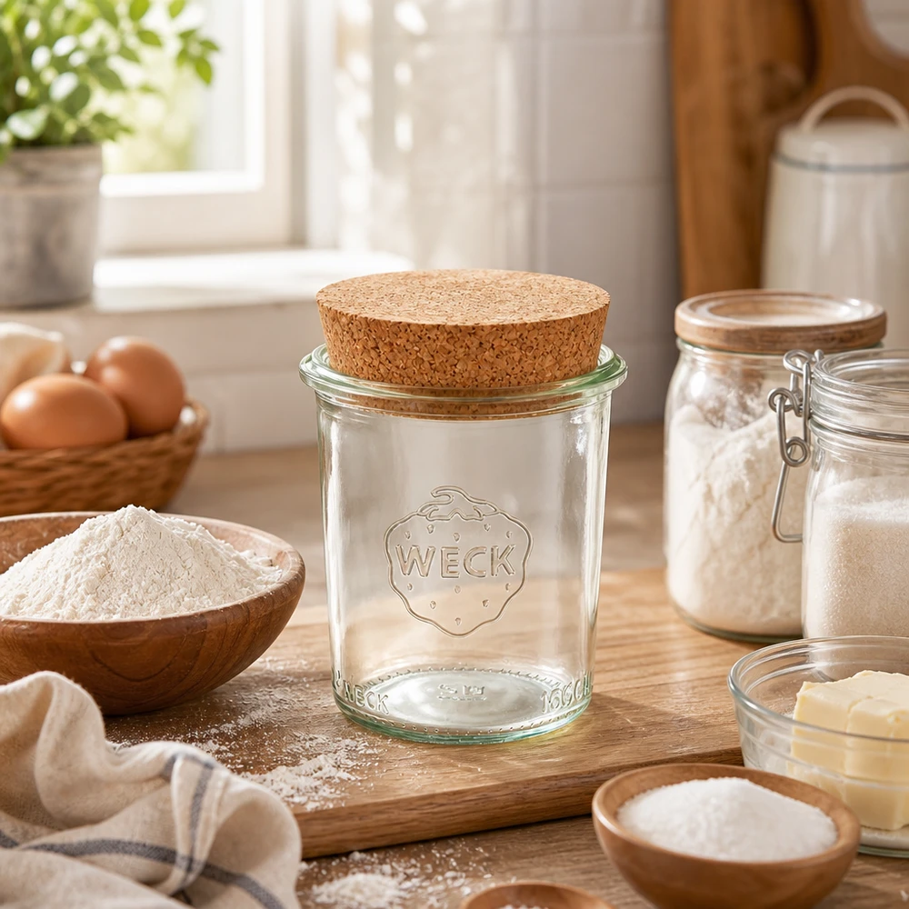 160ml Krossade glasögon WECK RR60 med naturkork WECK 160ml RR60 murarburk med kork på en träbräda i ett varmt kök omgiven av bakingredienser, mjöl och ägg