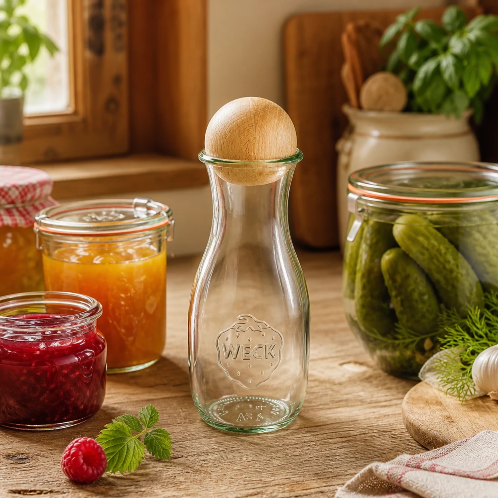 530ml juiceflaska WECK RR60 med träkula bok WECK juiceflaska 530 ml med träkork i ett rustikt kök bredvid konserveringsburkar med sylt och pickles