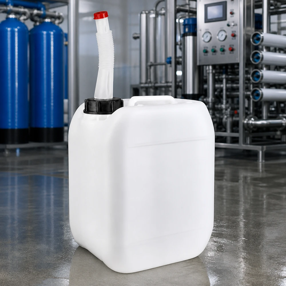 5-liters dunk med flexibelt utloppsrör Bärbar 5-liters plastbehållare med böjbart påfyllningsrör och rött lock i industriell miljö