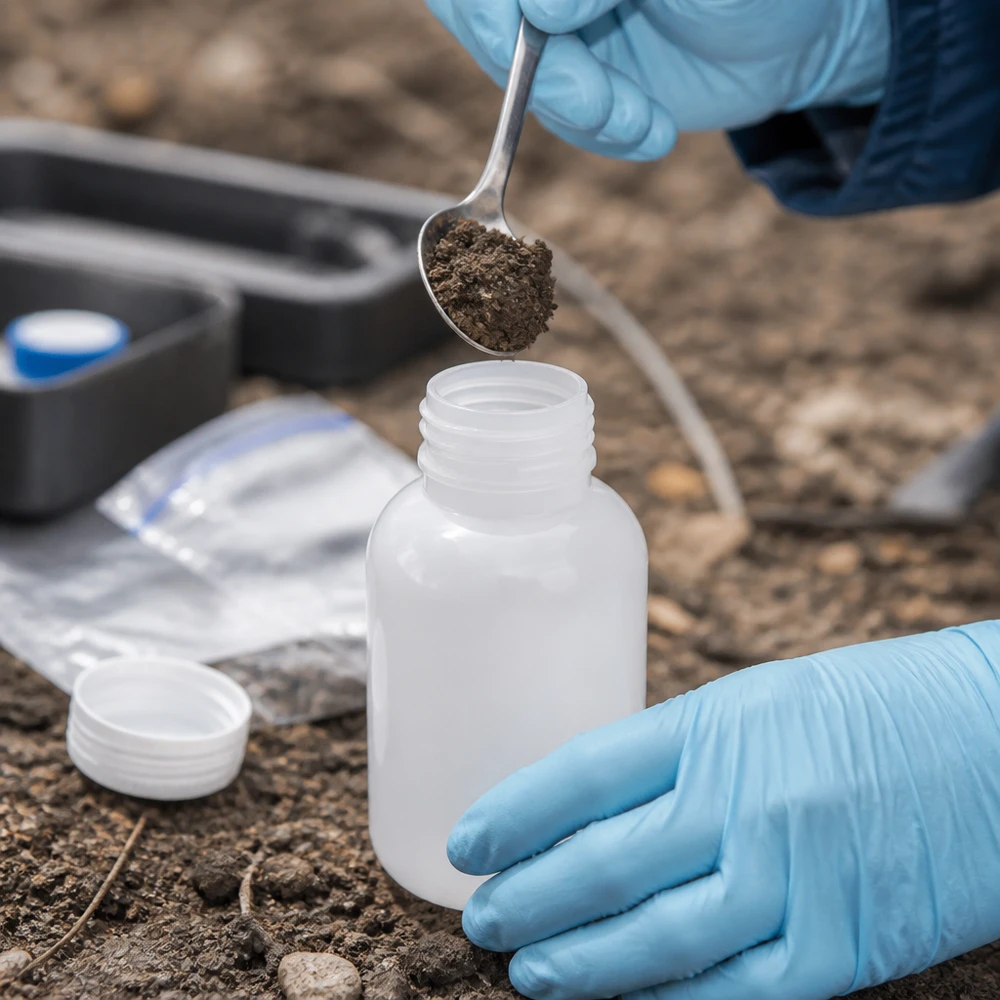 Jordprovet fylls med en sked i en 250 ml laboratorieflaska med vid hals utan lock