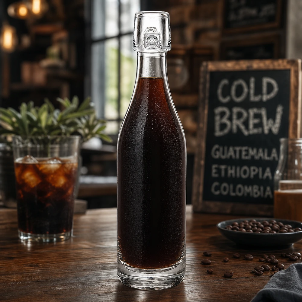 50ml glasflaska utan svängbar topp UNiTWIST 50 ml glasflaska UNiTWIST fylld med kallbryggt kaffe på ett träbord med kaffebönor och glas