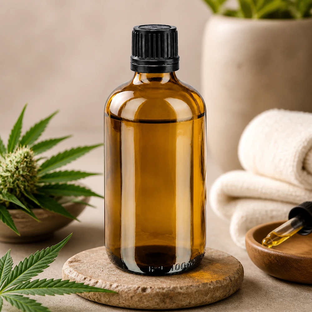100 ml droppflaska i brunt glas med svart OV-lock bredvid en cannabis-CBD-växt
