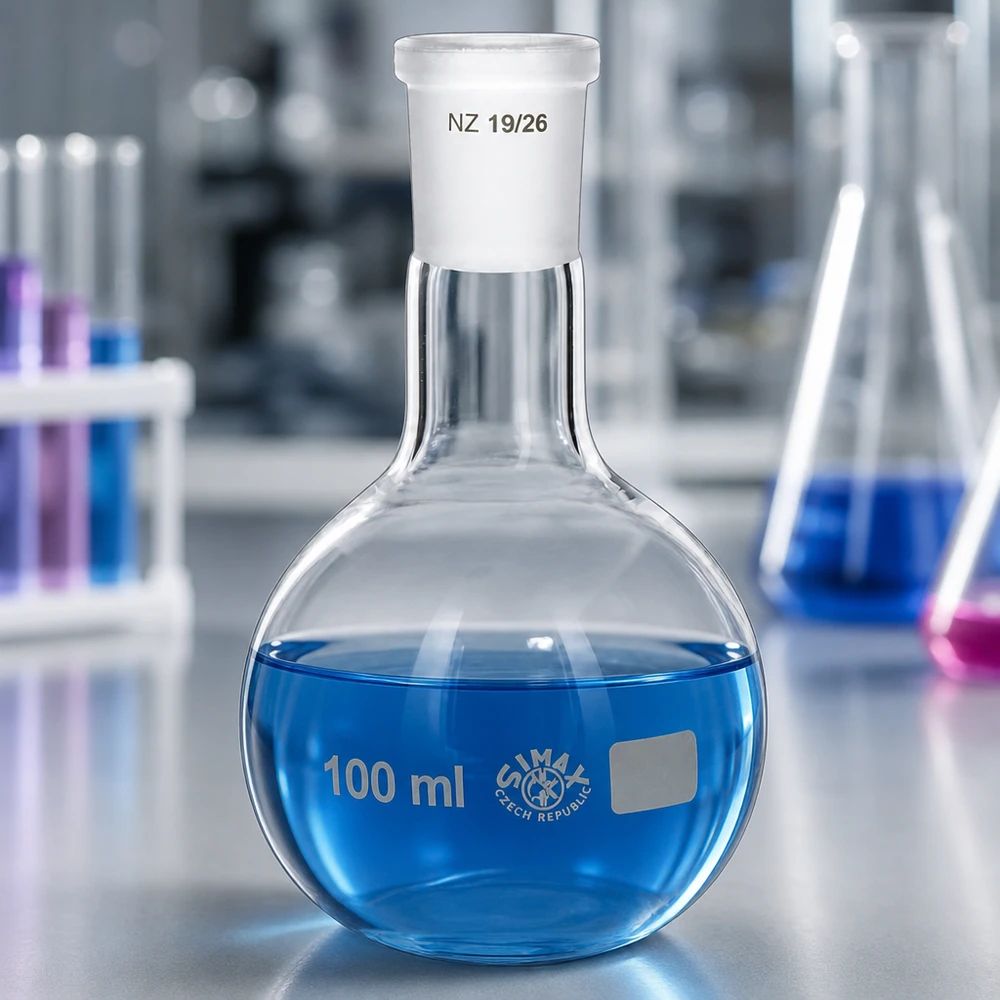 Laboratoriekolv 100ml med blå vätska - borosilikatglas med standardiserad 19/26 slipad fog