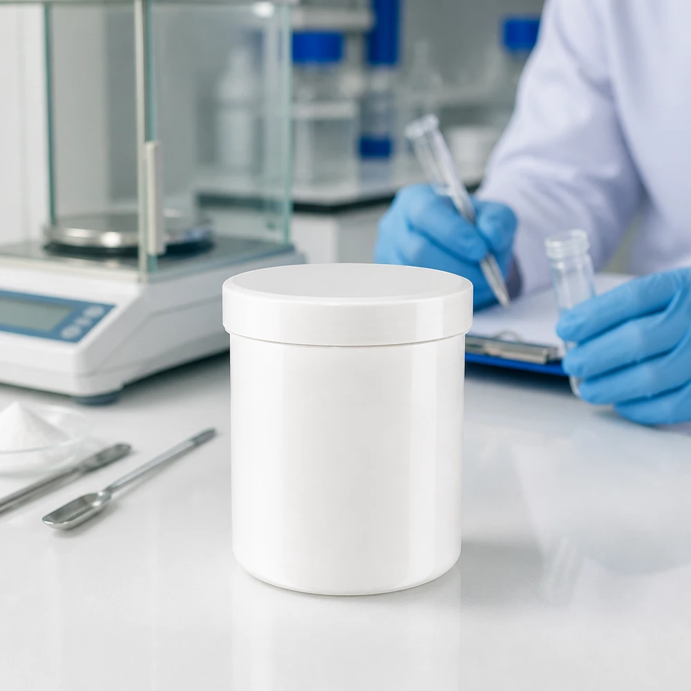 Salvburk 30g vit med vitt skruvlock (polypropylen) Rund vit PP-salvburk på 30 g med skruvlock bredvid laboratorievågen och spatelerna