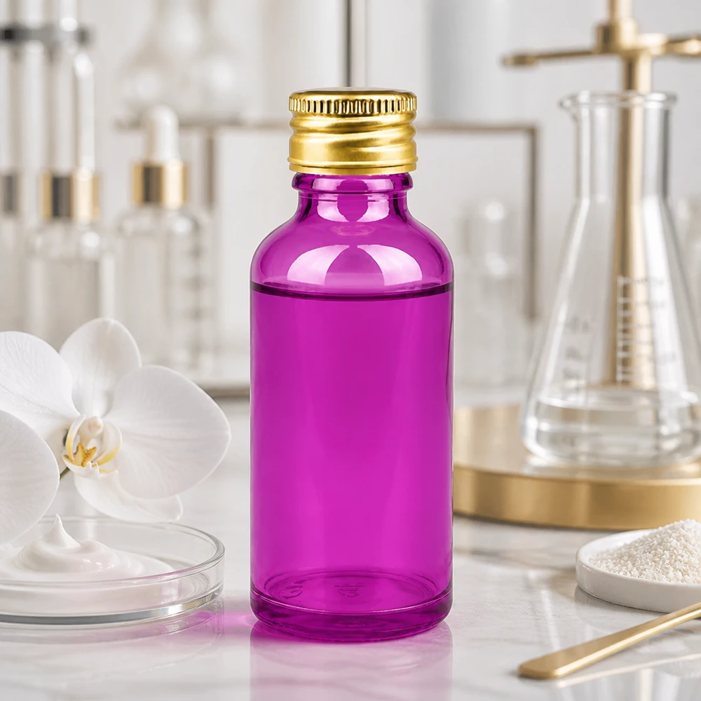 50ml flaska 11mm skruvkork aluminium guld standard PurpleLine. UT18/50 Kompakt 50 ml violett glasflaska med STD-gänga och premiumlock i aluminium för små produktkvantiteter