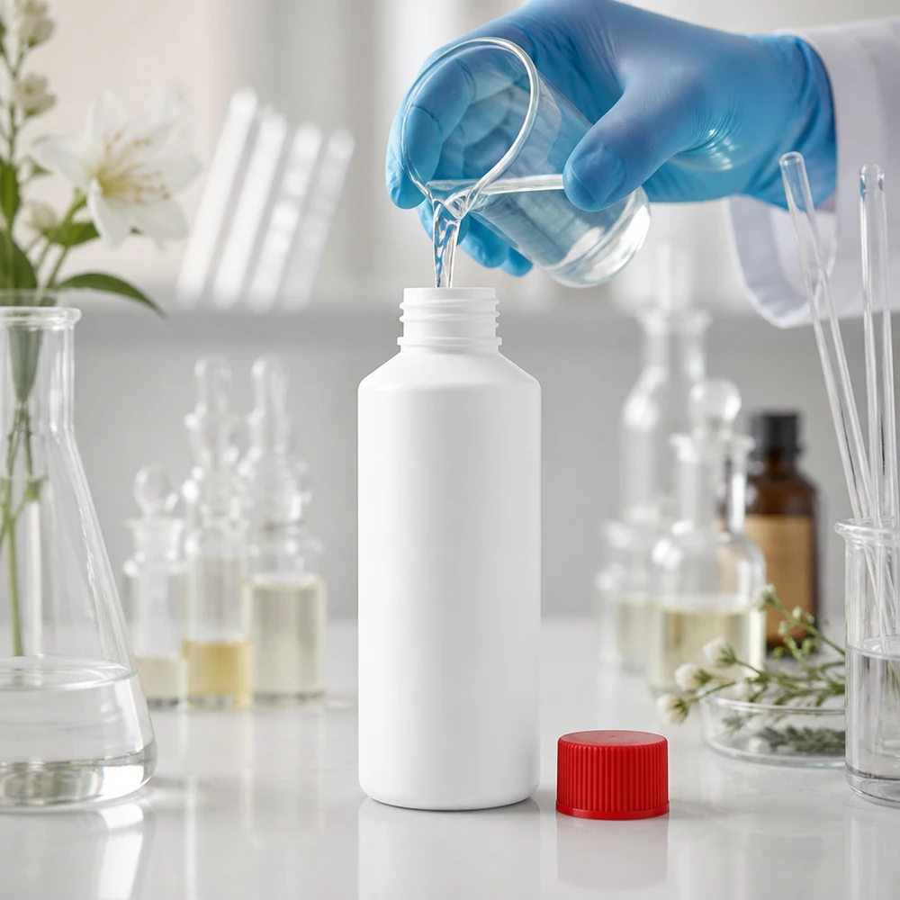 Fyllning av en vit HDPE-apotekflaska på 100 ml med rött lock med en hand i handske