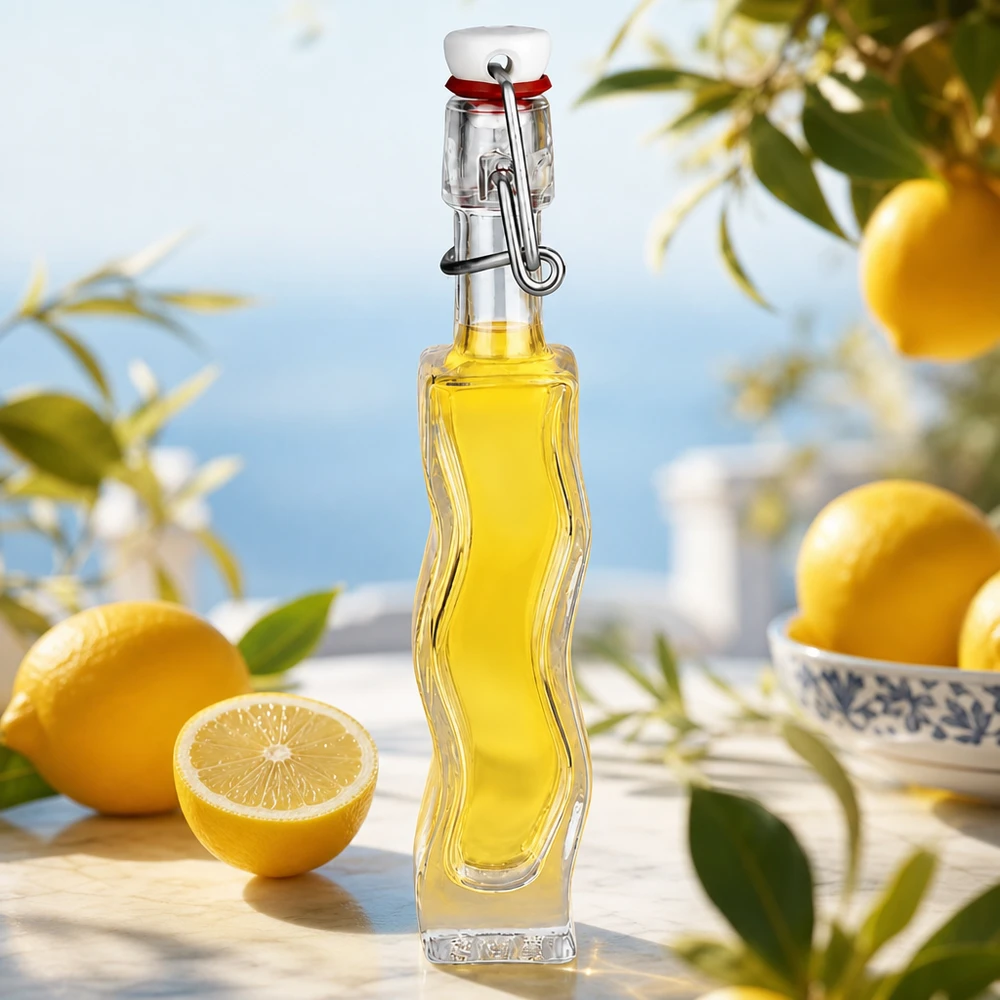 40 ml Glasflaska Fila med PVC-klämförslutning UNiTWIST® 40ml Glasflasche Anna mit gelber Zitronenessenz auf weißer Marmorplatte mit frischen Zitronen und Kräutern im Mediterran