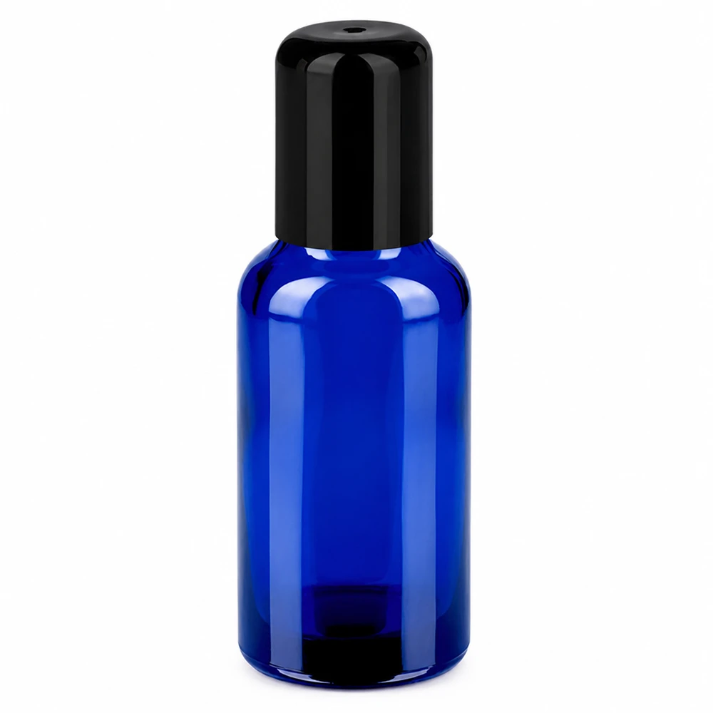 30ml roll-on flaska svart standardlock BlueLine UT18/30 30 ml roll-on-flaska i blått med svart lock för kosmetiska applikationer