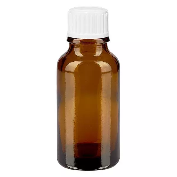 Apoteksflaska brun 20ml skruvlock vita kulor standard Apoteksflaska brun 20ml skruvlock vita kulor standard