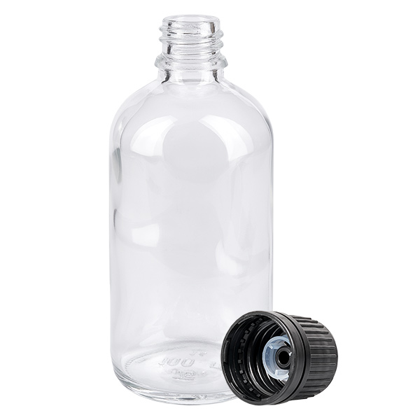 100ml globflaska 8mm hällring svart standardförslutning ClearLine UT18/1 Tom 100 ml apoteksflaska i klart glas med 18 mm gänga och svart droppkork
