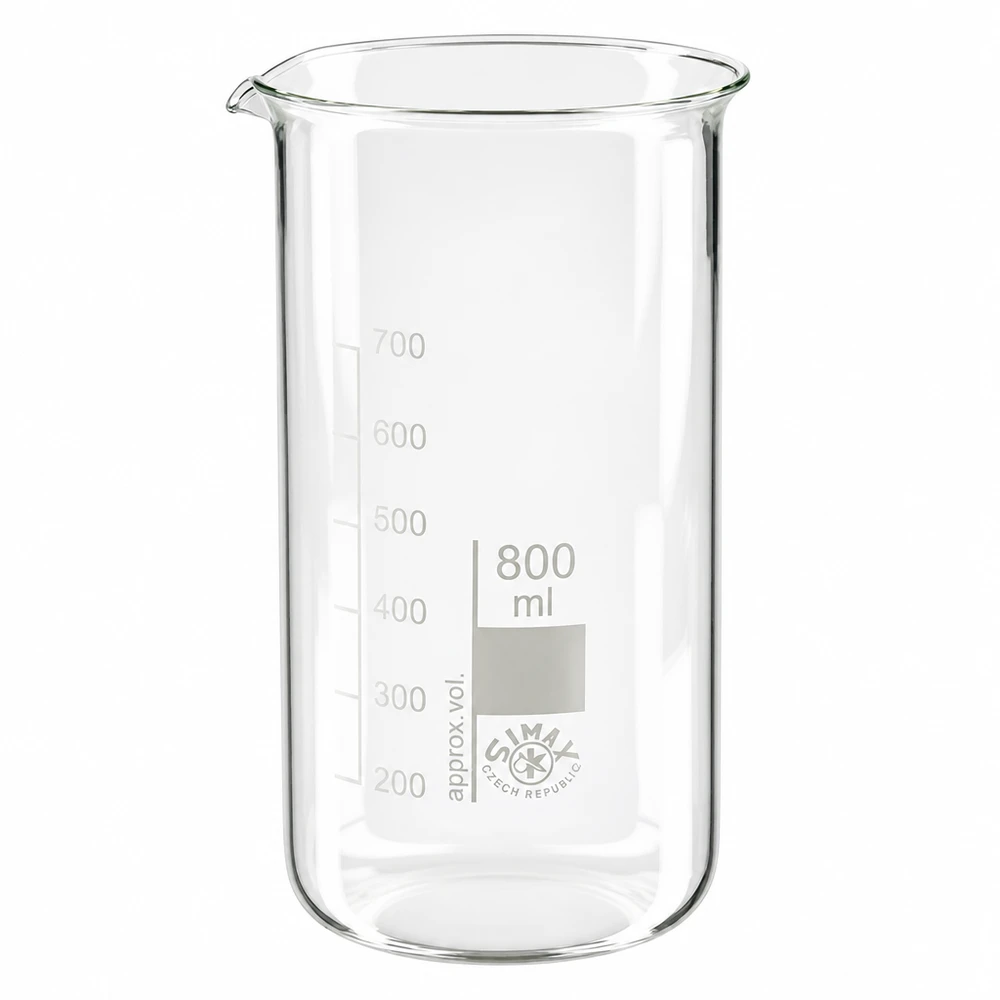 Becherglas, 800 ml, hög modell, tillverkat av borosilikatglas med milliliterskala från SIMAX Czech Republic