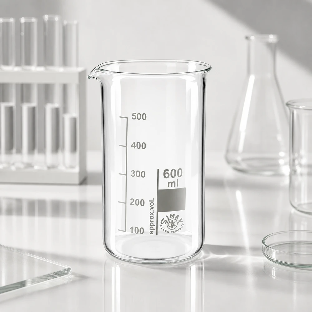 Tomt bägarglas, 600 ml, hög form, tillverkat av klart borosilikatglas med millimeterskala för laboratoriemiljö