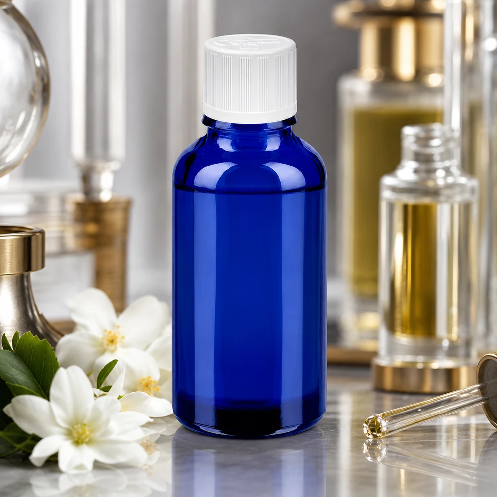 Elegant 30 ml flaska i ljusblått med vitt lock för professionella kosmetiska applikationer