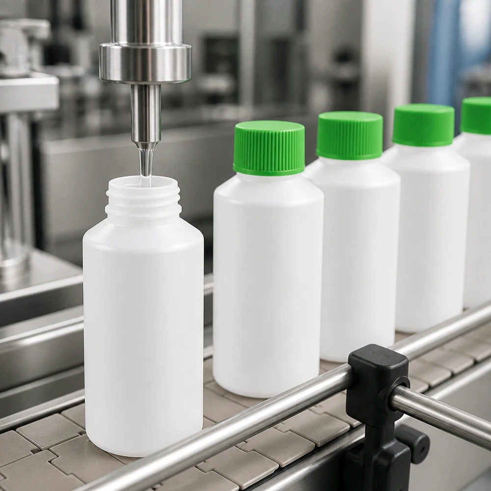 Automatisk fyllning av vita 50 ml HDPE-apotekflaskor med gröna skruvkorkar
