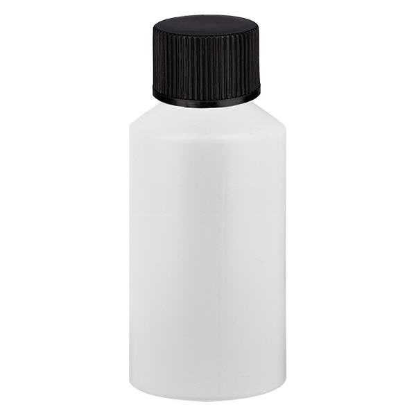 Apoteksflaska HDPE 50ml vit, med svart skruvlock Apoteksflaska HDPE 50ml vit, med svart skruvlock