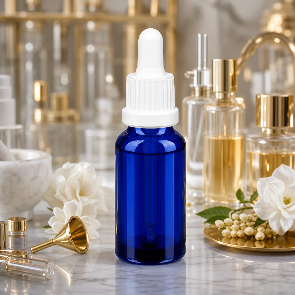 20 ml pipettflaska vit med säkerhetsförslutning BlueLine UT18/20 Högkvalitativ 20 ml glasflaska med droppipett i klassisk koboltblå för serum och tinkturer