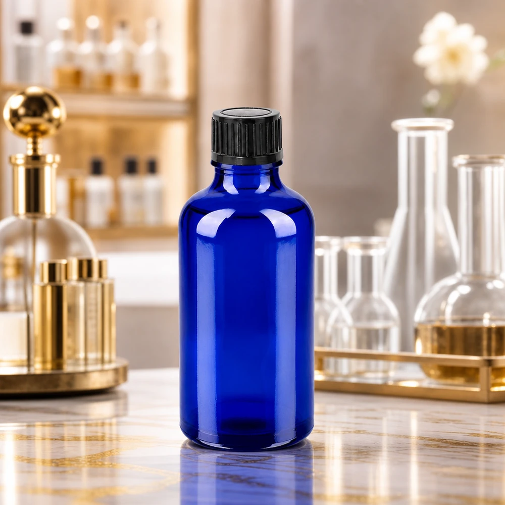 50ml flaska 11mm skruvkork svart standard BlueLine UT18/50 Elegant 50 ml laboratorieflaska i intensiv koboltblå med UV-skydd för ljuskänsliga ämnen