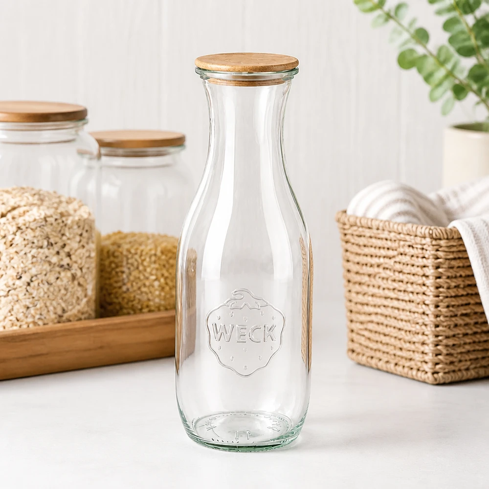 1062ml juiceflaska WECK RR60 med trälock WECK juiceflaska 1062ml RR60 tom med trälock på köksbänken bredvid korgar och förvaringsburkar med flingor