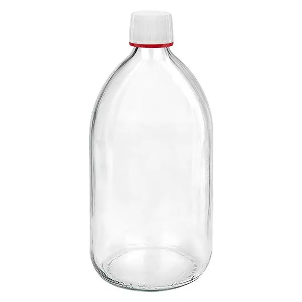 1000ml medicinflaska klar, kapsyl vit med säkerhetsring röd ApoGlas 1000ml medicinflaska klar, kapsyl vit med säkerhetsring röd ApoGlas