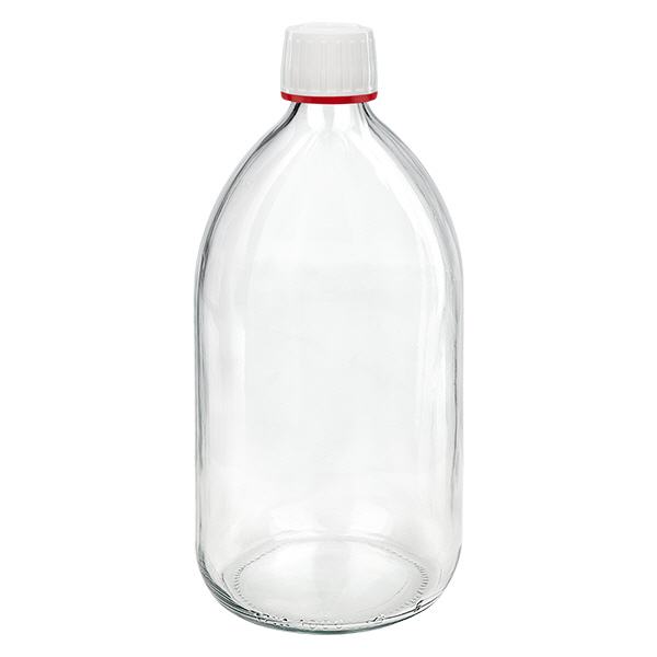 1000ml medicinflaska klar, kapsyl vit med säkerhetsring röd ApoGlas 1000ml medicinflaska klar, kapsyl vit med säkerhetsring röd ApoGlas