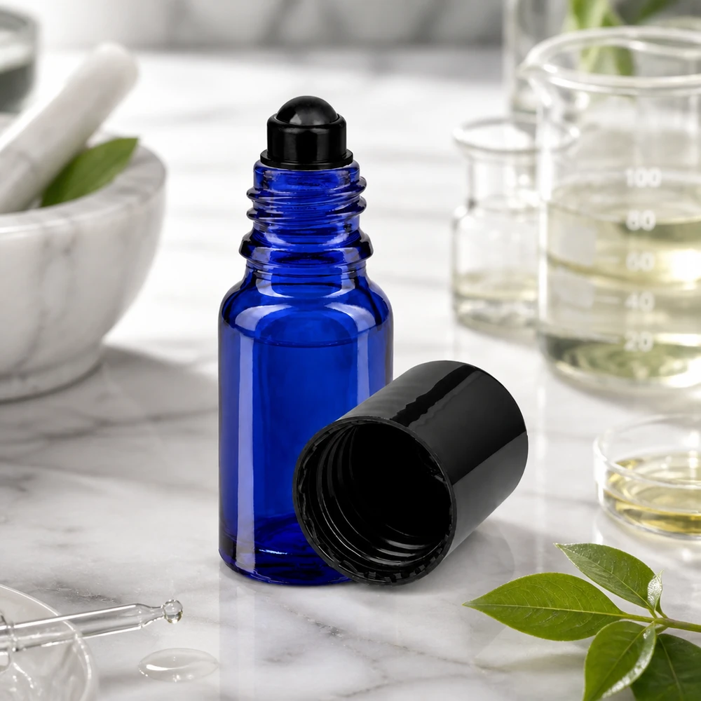 En öppen blå 10 ml roll-on-flaska av ApoGlas med avskruvat svart skruvlock på marmor