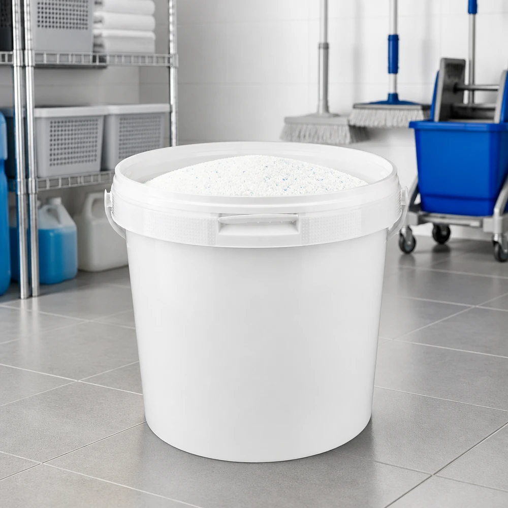 Vit rengöringshink på 5,6 liter av robust PP-plast med ett säkert snäpplock