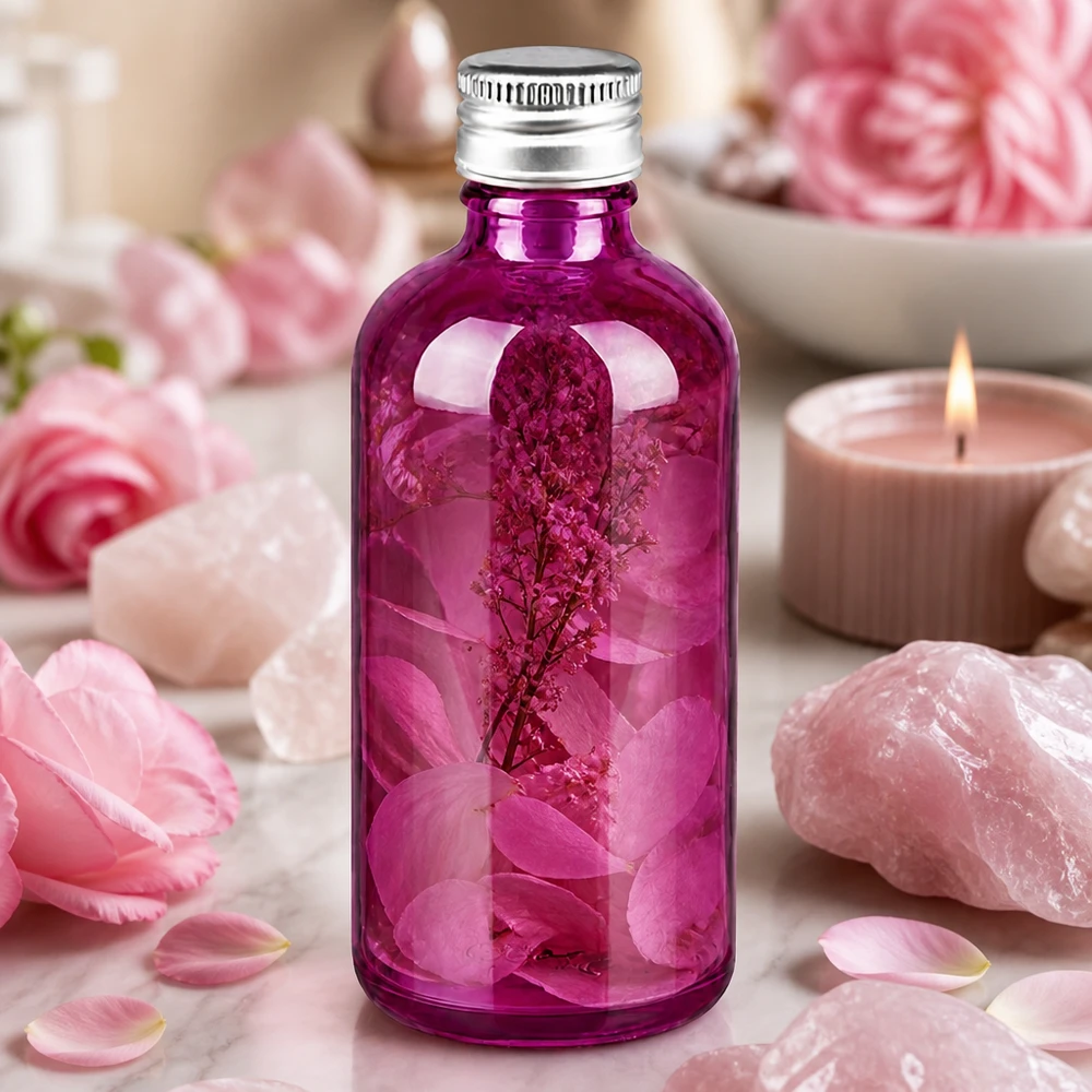 Elegant 100 ml glasflaska med 11 mm gänga och matt aluminiumlock i ljuslila