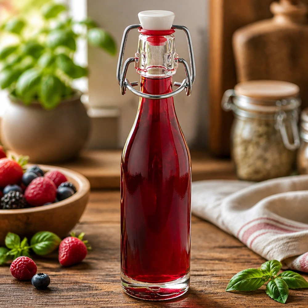 50ml glasflaska + svängbar topp PVC UNiTWIST 50 ml glasflaska med svängbar topp fylld med rödbärsjuice omgiven av färska jordgubbar och blåbär