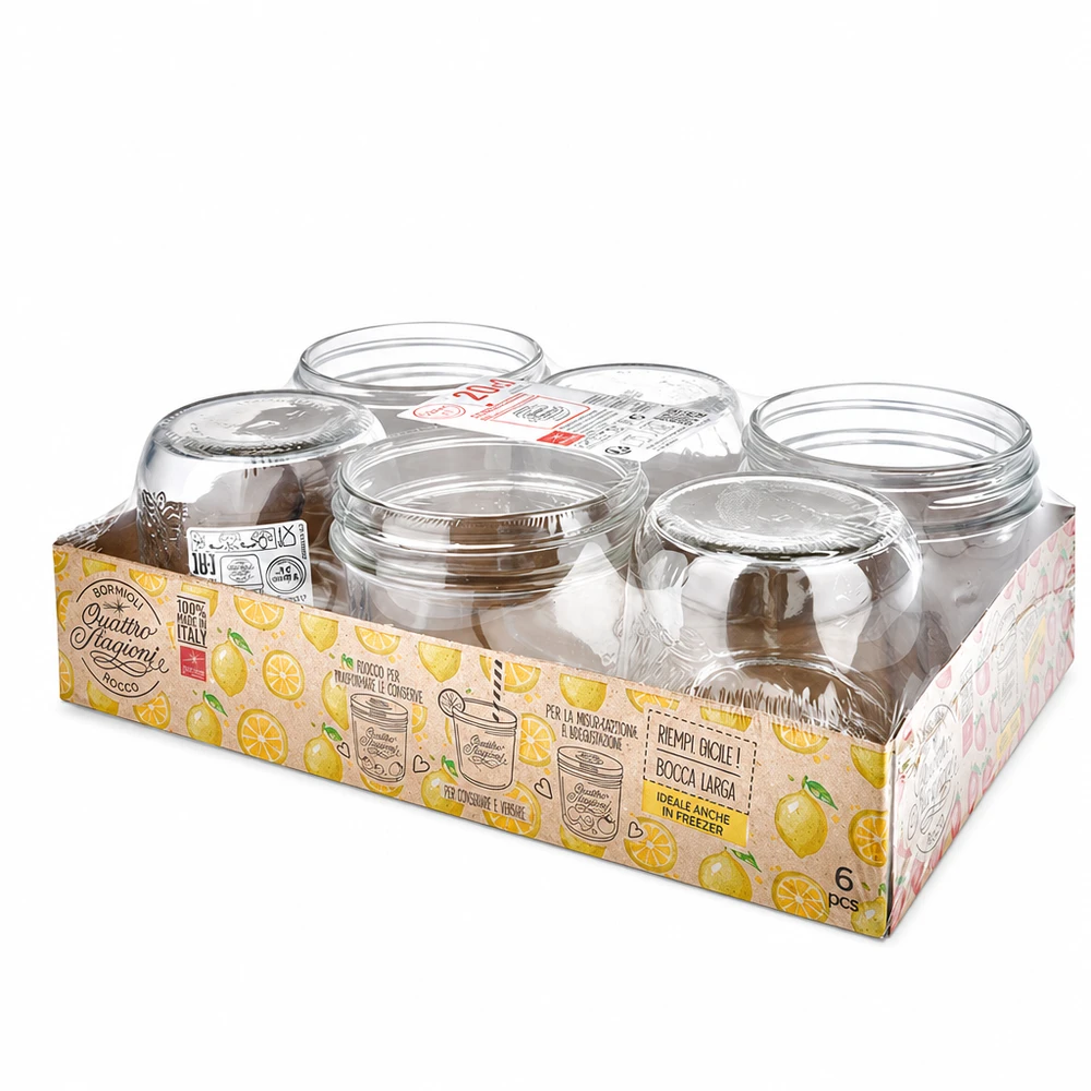200ml "Quattro Stagioni" krossade glasögon QS86mm Set med 6 stycken 200 ml Quattro Stagioni konserveringsburkar med lock i försäljningsförpackning för konservering och förvaring
