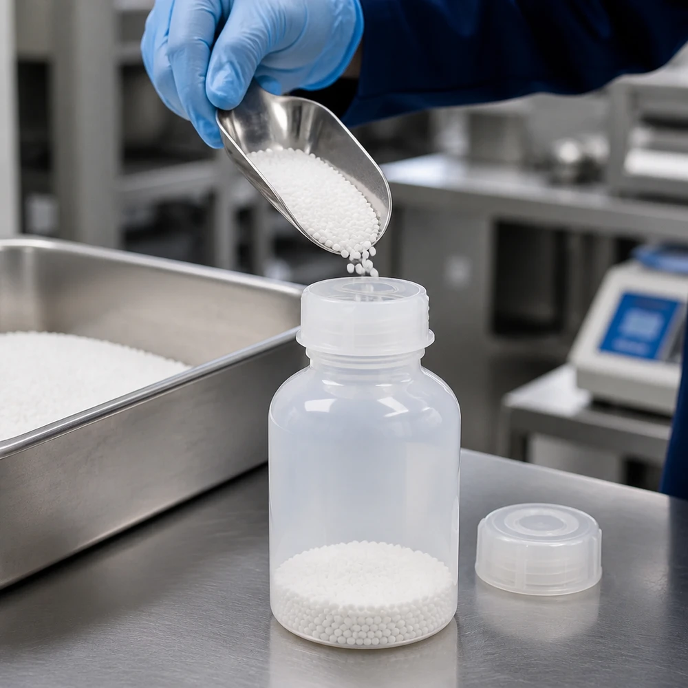 100ml laboratorieflaska med bred hals och skruvkork 100 ml laboratorieflaska i plast med vid hals och lös skruvkork på en yta av rostfritt stål