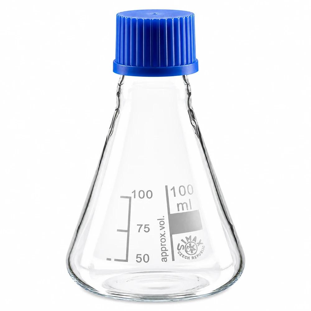 Erlenmeyerkolv 100ml med skruvkork Konisk Erlenmeyerkolv 100ml med praktiskt skruvlock i blå plast