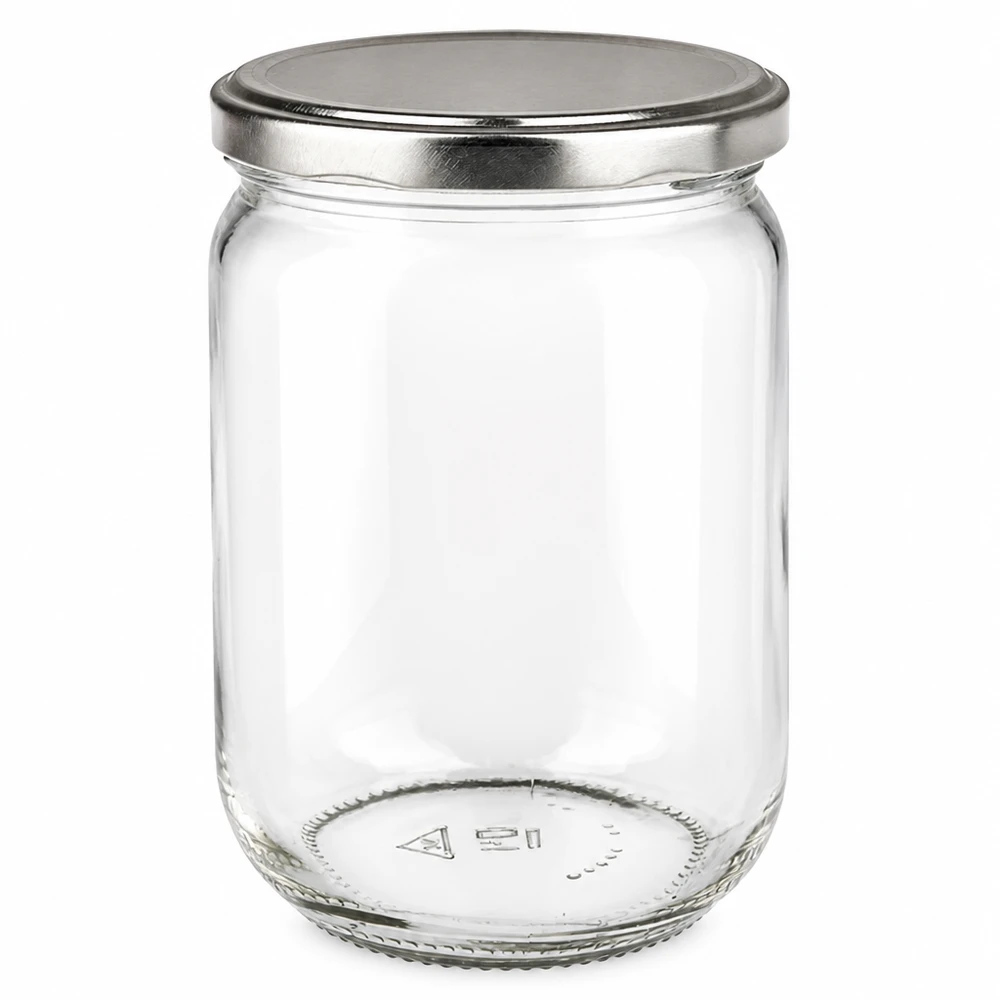 555 ml rund glasburk med silverfärgat BasicSeal-lock, tom och genomskinlig sett framifrån
