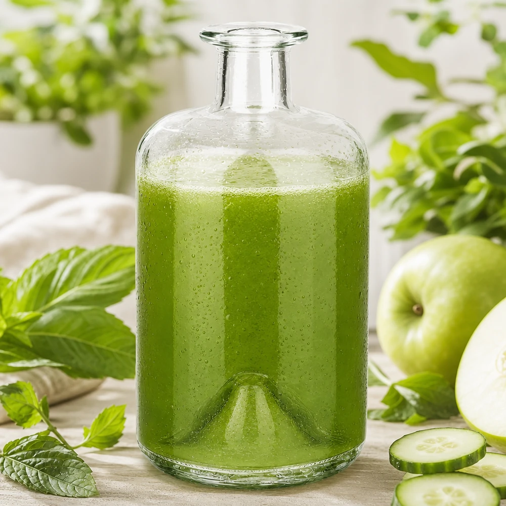 500 ml apoteksflaska 500ml Glasflasche "Sofia" ohne Verschluss UNiTWIST utan lock UNiTWIST® 500 ml glasflaska Sofia fylld med grön smoothie gurka äpple mynta detoxdryck apoteksflaska kök
