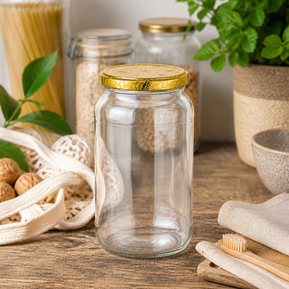 1062ml runt glas tomt på träbord med hållbara köksredskap bambu tandborstar jutepåse zero-waste livsstil