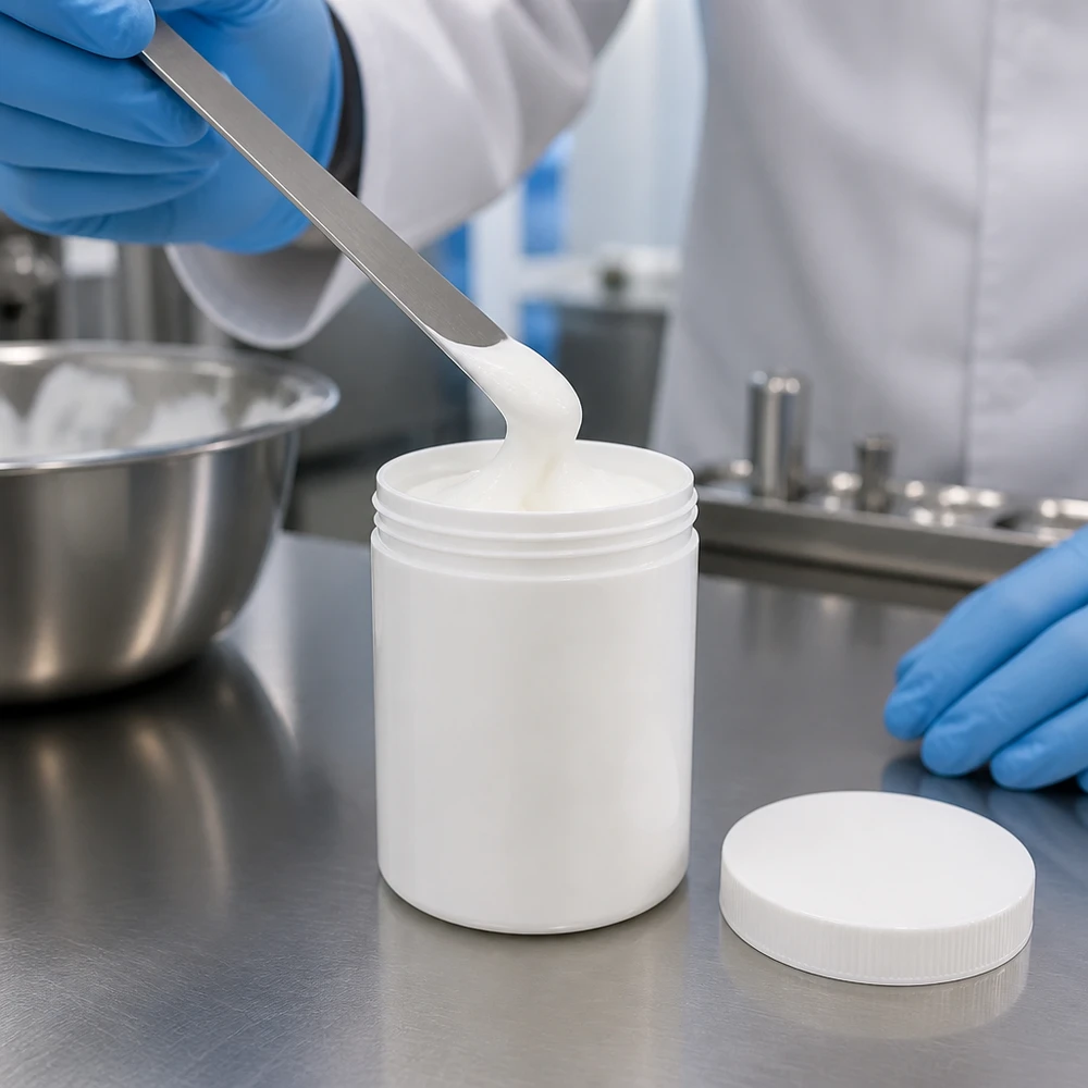 Salvburk 75g vit med vitt skruvlock (polypropylen) Fyllning av en 75 g salvorburk av vit PP-plast med krämig salva i laboratoriet