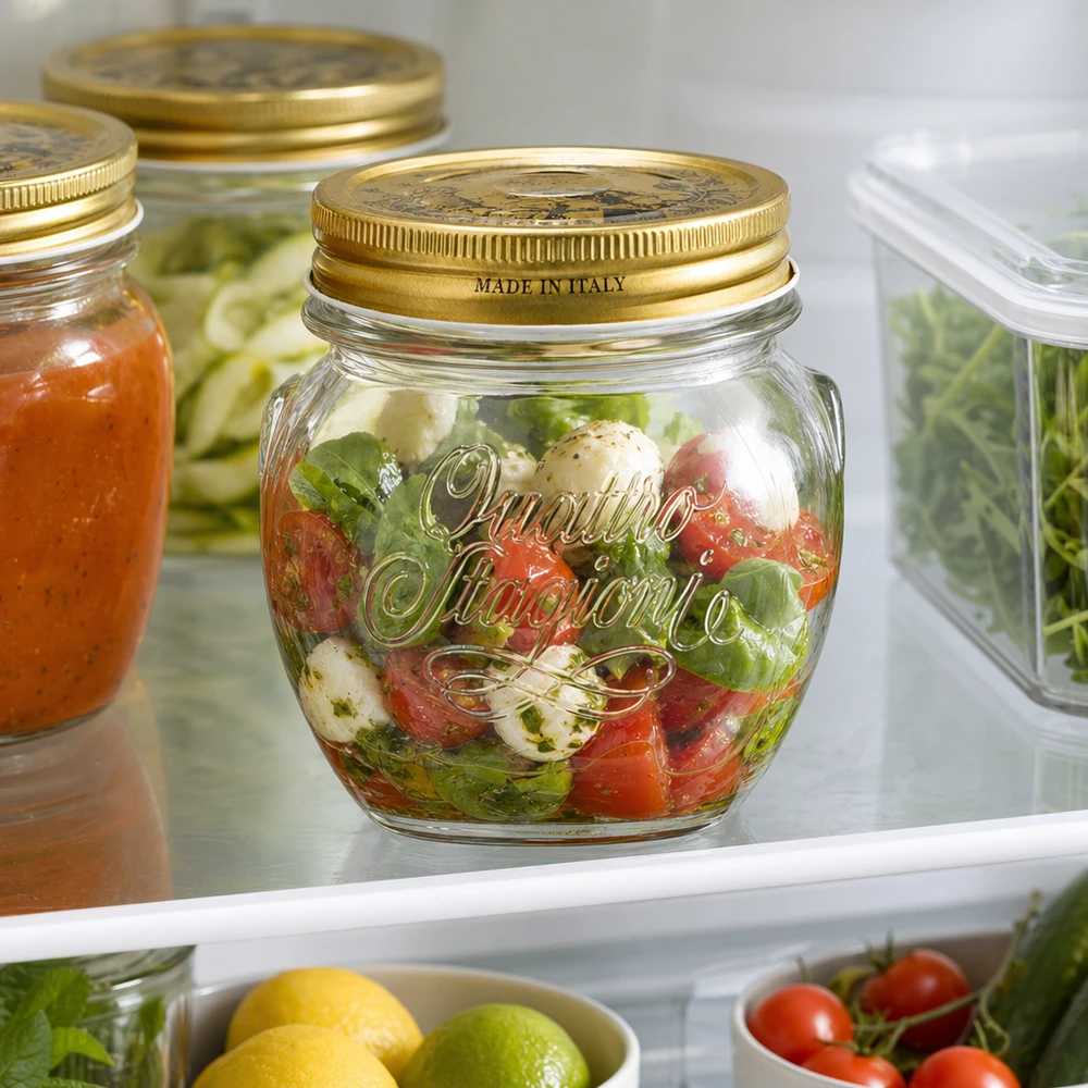 300ml rund burk "Quattro Stagioni" med lock 300 ml rund burk Quattro Stagioni med gyllene lock fylld med Caprese-sallad i kylen Made in Italy