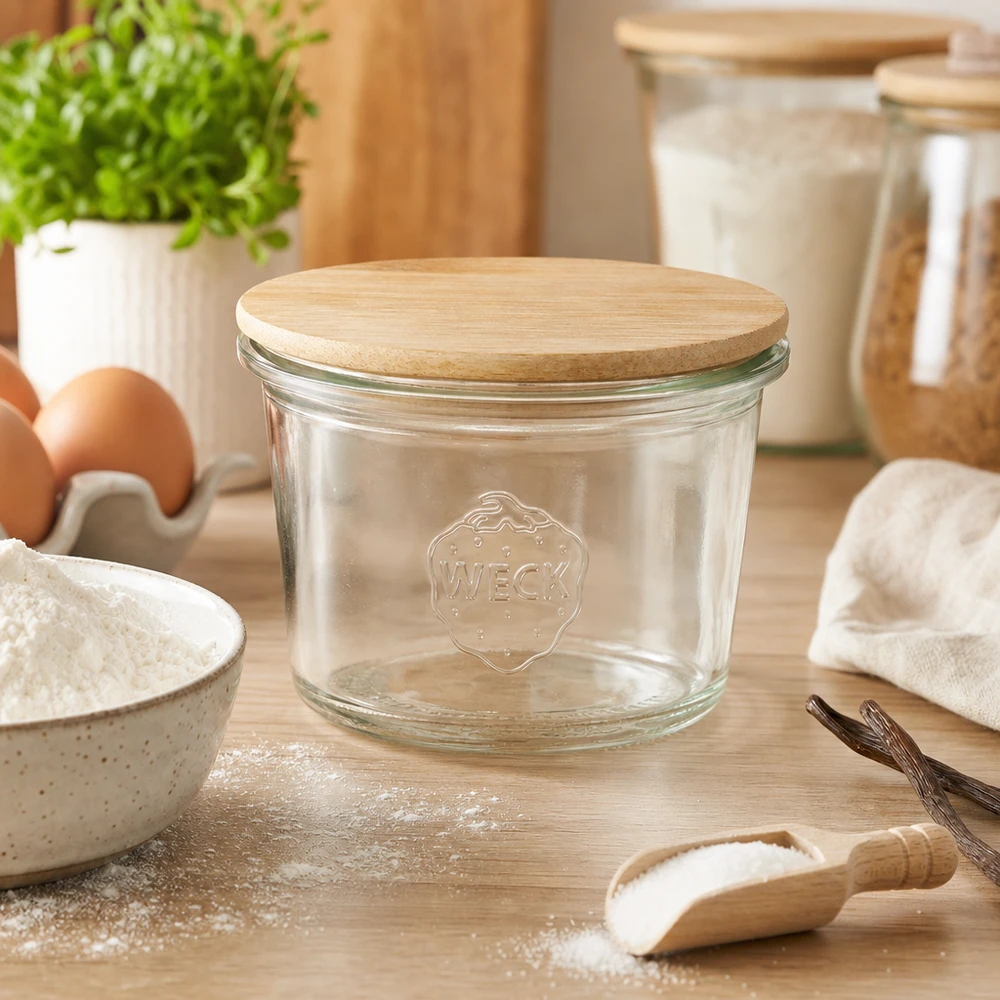 35ml Krossade glasögon WECK RR40 med trälock WECK Mini Sturzglas 35ml RR40 mit Bambus Holzdeckel in moderner Küche zwischen Backzutaten Mehl und Eiern