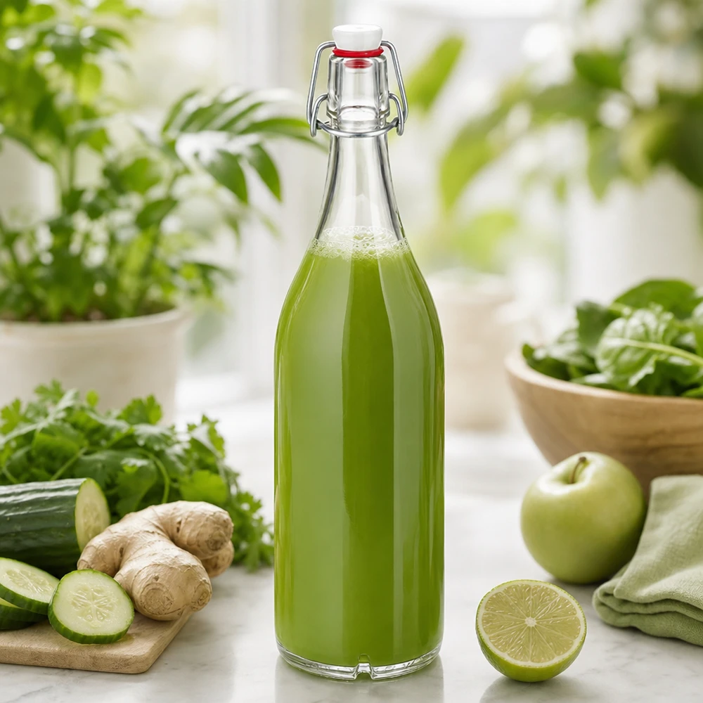 1000 ml glasflaska med svängbart lock fylld med grön juice omgiven av färska ingredienser som gurka och ingefära